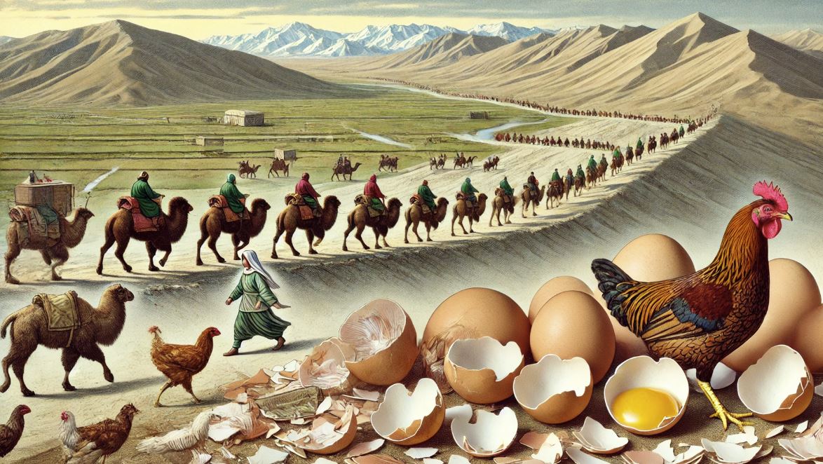 aves de corral pudieron llegar a Europa por la ruta de la seda Imagen realizada con IA por NeXusAvicultura.com